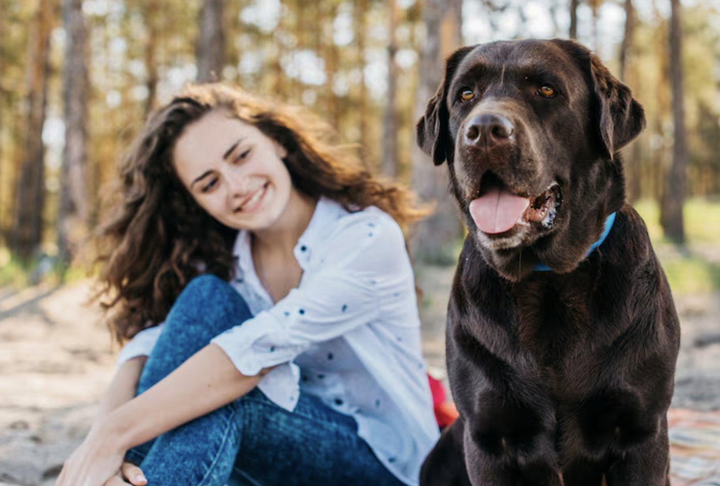 Woman with a brown Labrador outdoors